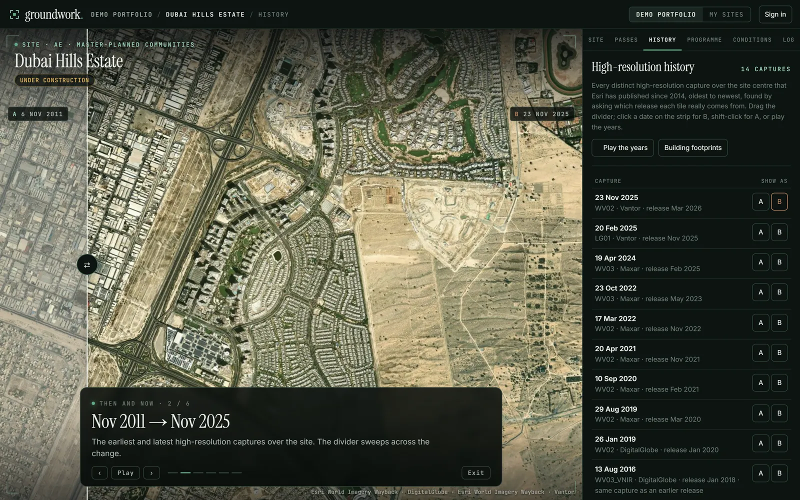 Present mode: Dubai Hills Estate, the earliest and latest high-resolution captures with a lower-third caption